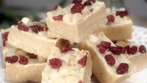 White chocolate, macadamia and cranberry biscuit bars 