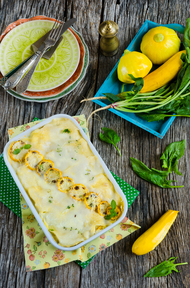 Squash, mushroom and spinach lasagne