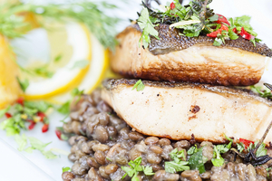 Lentils and grilled salmon