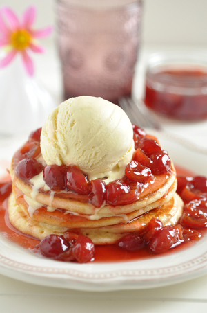 American style cherry pancakes with HB Vanilla Ice Cream
