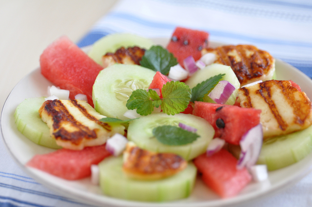 Fried halloumi, watermelon and cucumber salad 