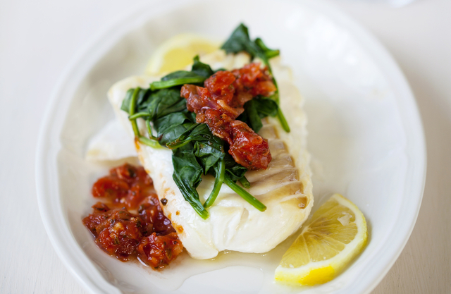 Baked cod with zesty salsa and spinach topping