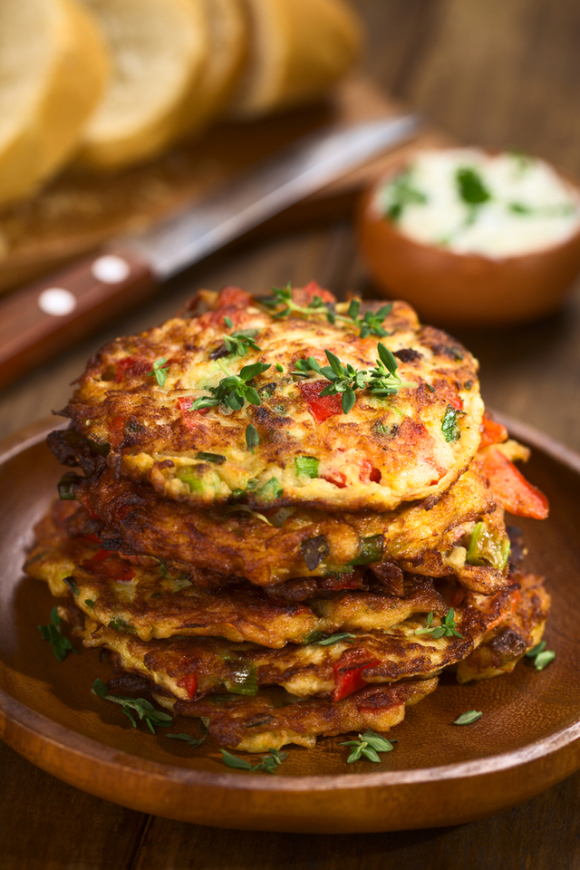 Courgette pancakes with feta and peppers