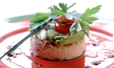 Tian of crab with avocado and red onion salsa