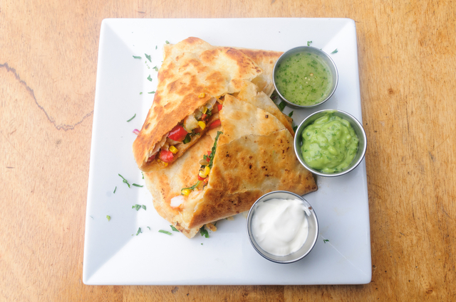 Grilled fish quesadillas with sour cream and salsa