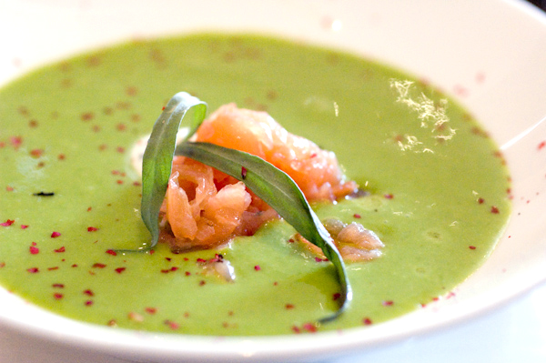 Asparagus potato soup with shellfish and herb sour cream