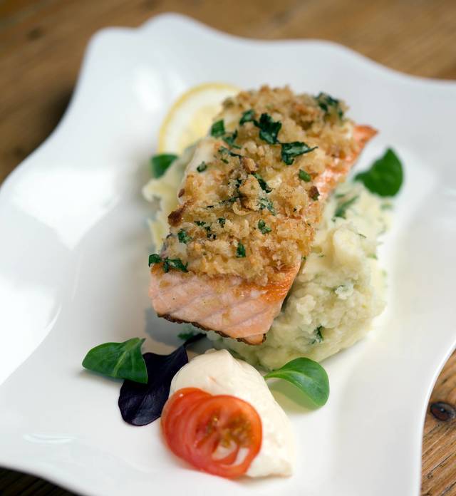 Herb-crusted salmon, spring onion &amp; basil mash