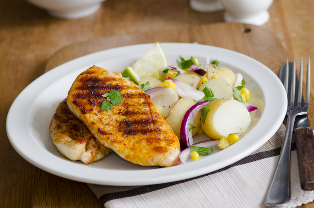 Smoked chicken with corn and potato salad