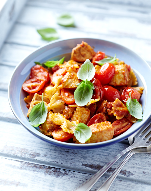 Herb chicken bake with tomatoes and pasta