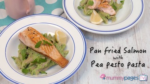 Pan fried salmon with pea pesto pasta