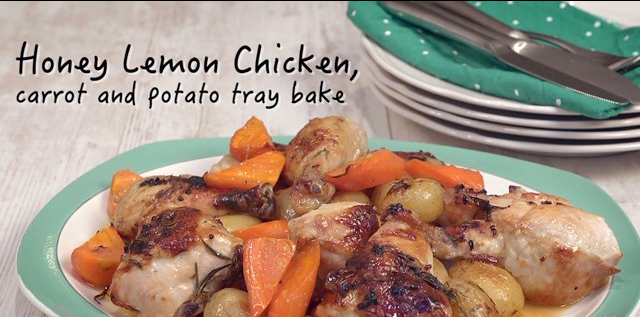 Honey lemon chicken, carrot and potato tray bake