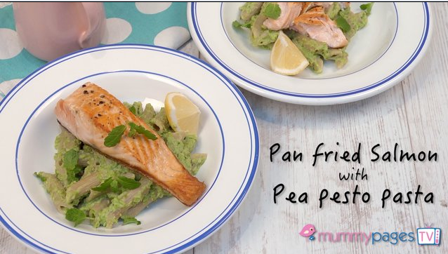 Pan fried salmon with pea pesto pasta