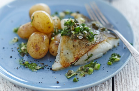 Pan fried cod with potato salad recipe