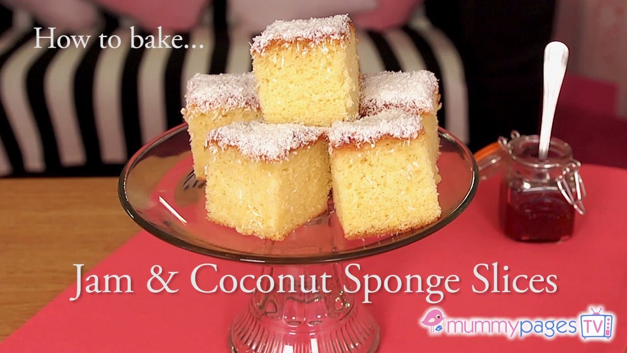 Recipe Jam and coconut sponge slices