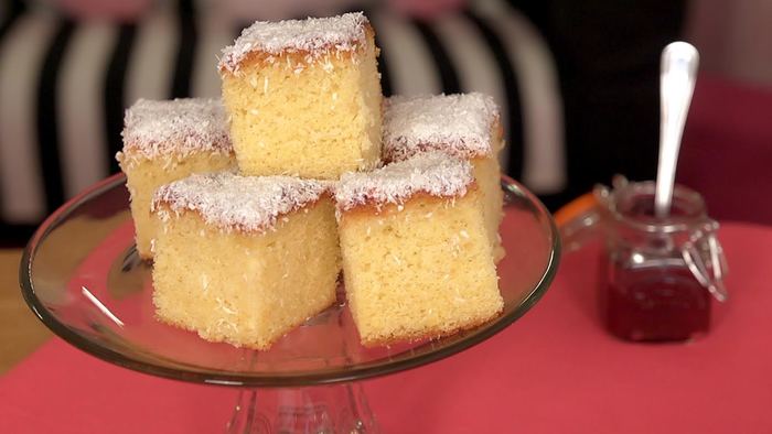 Jam &amp; coconut sponge slice