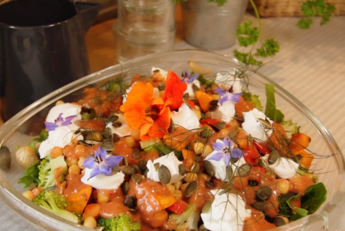 Warm Superfood Salad with Goats Cheese and Berry Dressing 