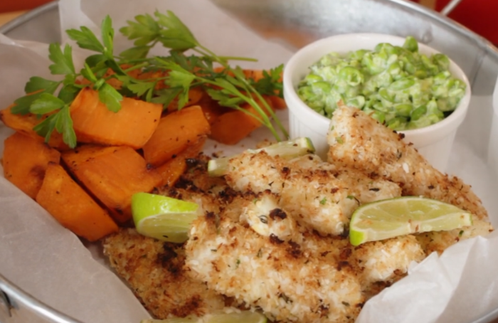 Coconut Fish Goujons with Lime Sweet Potatoes Wedges and Mushy Peas