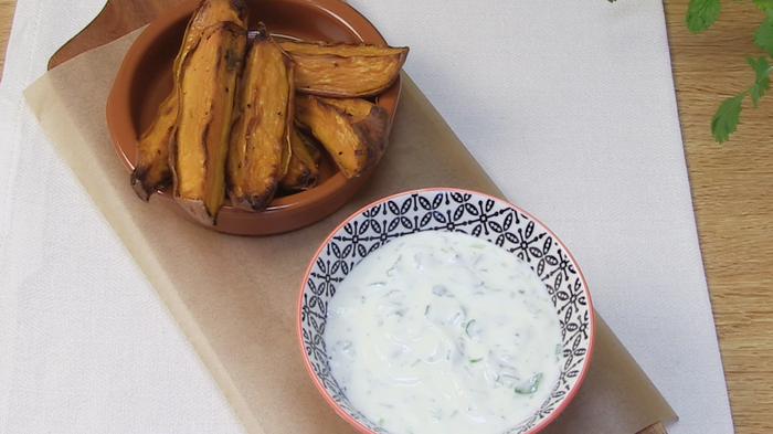 Sweet potato wedges with coriander yoghurt