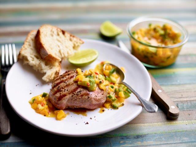 Grilled lamb steaks with spicy mango salsa