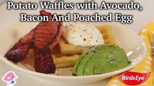 Potato Waffles with Avocado, Bacon and Poached Egg