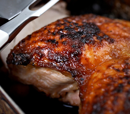 Cider poached turkey with maple chilli glaze