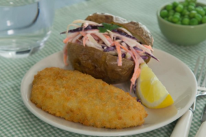 Breaded Fish with baked potato and no-mayo coleslaw