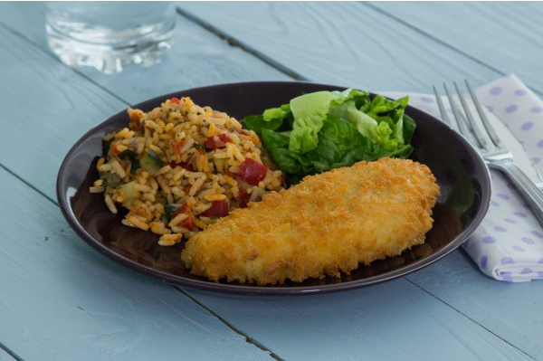 Breaded Fish with Mediterranean Rice