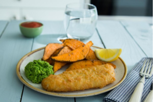 Cod Fillets with sweet potato wedges and minty crushed peas