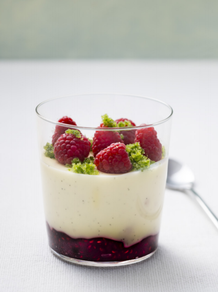 Panna cotta with raspberry jam &amp; basil sugar