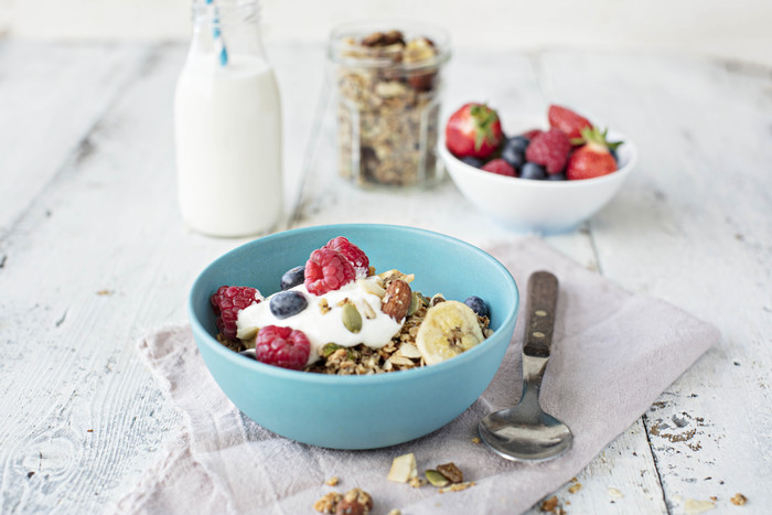 Granola with fresh berries and natural yoghurt
