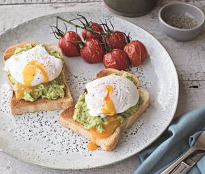 Poached Eggs with Roasted Cherry Tomatoes and Smashed Avocado
