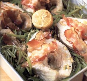 Tray-baked cod with runner beans, pancetta and pine-nuts