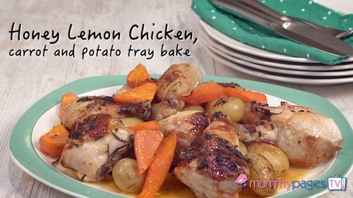 Honey lemon chicken, carrot and potato tray bake