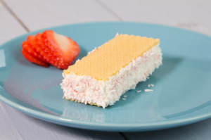 Coconut and strawberry ice cream sandwich